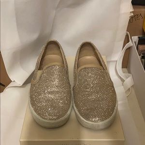 Jimmy Choo Demi Gold Glitter Slip Ons